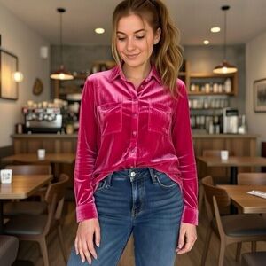 Pilcro Velvet Button-Down Shirt Hot Pink Size 6 Excellent Condition